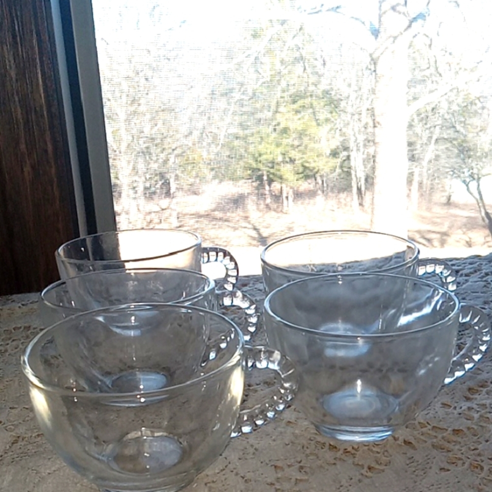 5 Elegant vintage Clear Glass Hazel Atlas Boopie handle Teacups or punch cup Set